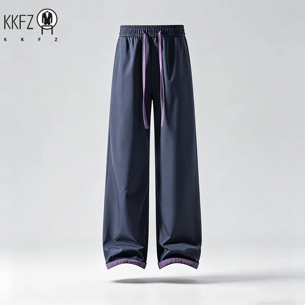Relaxed Fit Mens Straight Pants Elastic Waistband Contrast Drawstring Detail Smooth Fabric Casual Bottoms For Short Travel