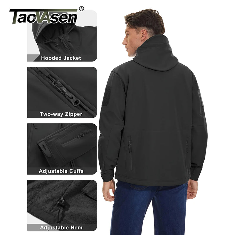 TACVASEN Men's Working Outdoors Jacket Warm Fleece Lined Hooded Coat Waterproof Soft-shell Multiple Zippered Pockets Jacket