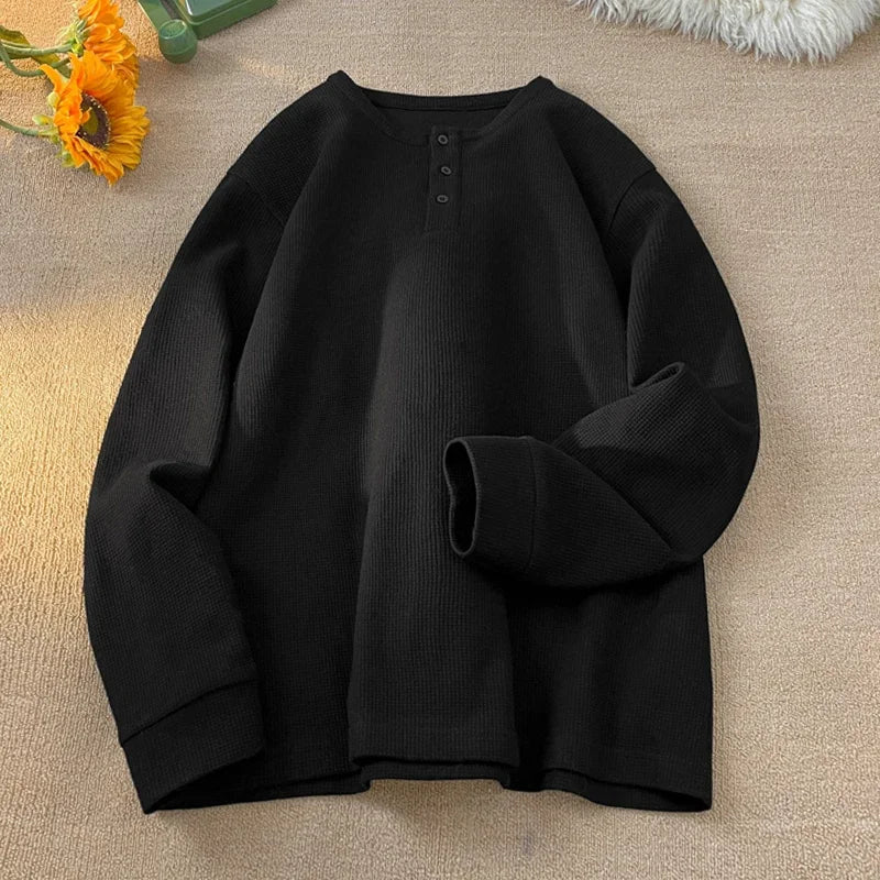 Autumn Basic Long Sleeve Pullover Men Round Neck Waffle Knit Button Notch Easy Matching Daily Street Fashion Apparel
