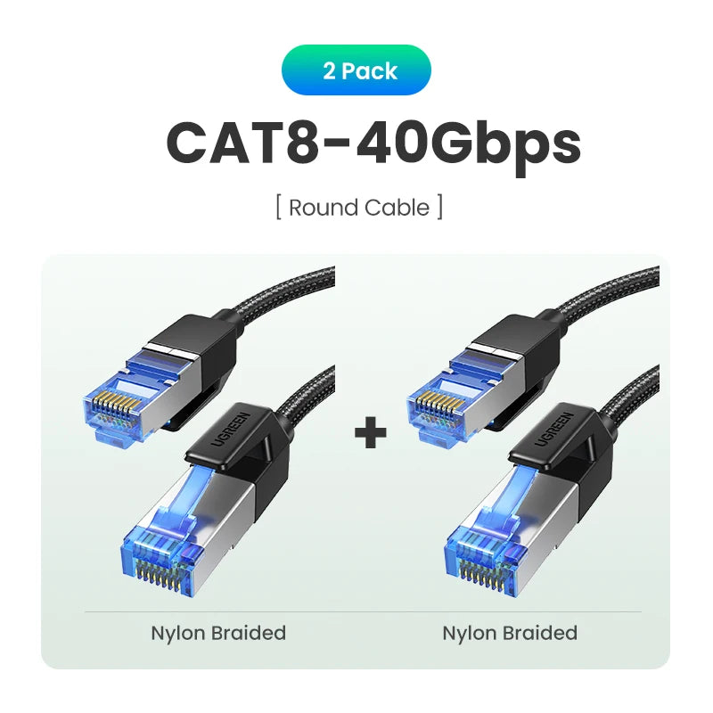 [2 Pack]UGREEN CAT8 Ethernet Cable 40Gbps 2000MHz Networking Cotton Braided Internet Lan Cord for Laptops PS 4 Router RJ45 Cable