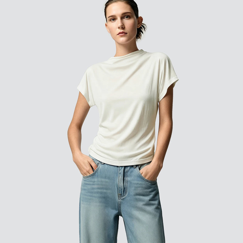 Amii Women's T-shirt 2026 Summer New Mock Cowl Neck Dolman Sleeve Shirred Tops Woman Elegant Acetate Office Casual Tees 12622221