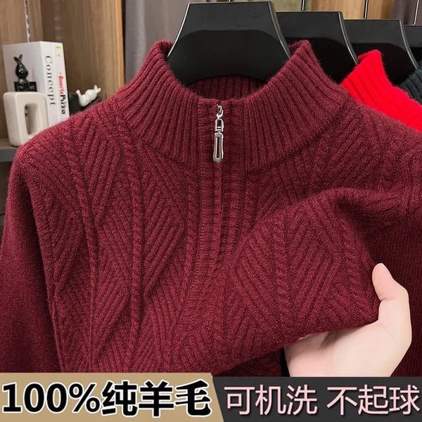 Winter Collection of Men's Long-sleeve Knit Wool Sweaters: Red Crew-neck Pullover with A Semi-high Collar; Black, Gray, Camel.
