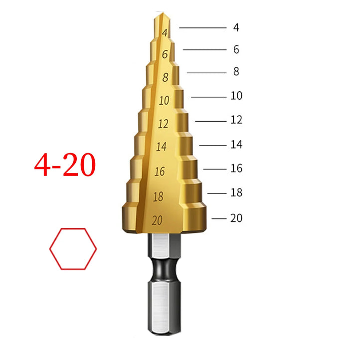 4-12 4-20 4-32 MM HSS Titanium Coated Step Drill Bit High Speed Steel Metal Wood Hole Cutter Cone Drilling Tool 4-20 Hexagon Shank