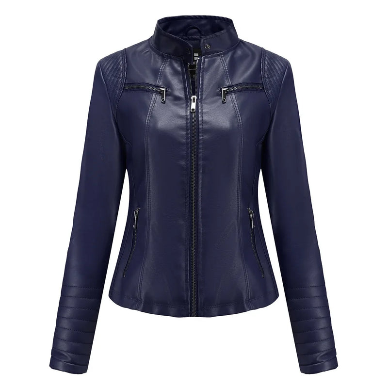 2026 Women's Bright Red V-neck Leather Jacket, Fashion Slim PU Coat, Black Short Outerwear Asia Size XS S M L XL XXL