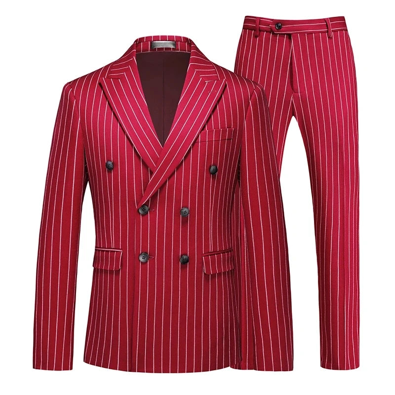 2026 New Men's Striped Red Suit 3-Piece, White Jacket and Pants Vest, Asian Size Available in White/Black, Fashionable Option fo