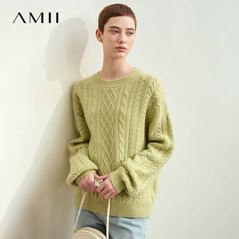អាវយឺត Amii Minimalism Solid Women Solid 2025 ថ្មីរដូវស្លឹកឈើជ្រុះ គុណភាពរោមចៀម O-neck ដៃវែង អាវប៉ាក់បែប Vintage ទន់ 12443119