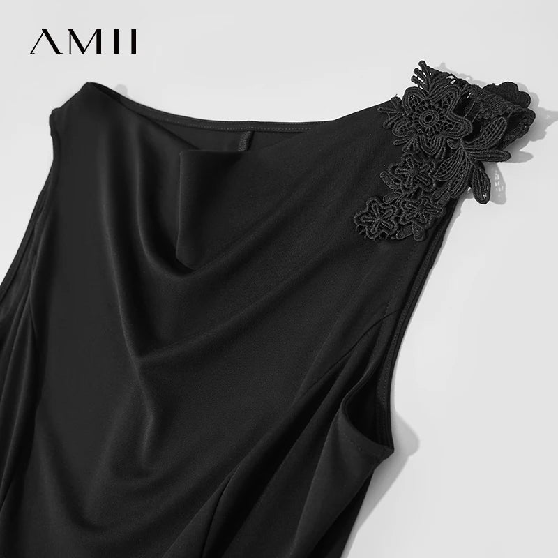 Amii Women Minimalist Sleeveless Black Dress 2026 Summer New Office Lady Elastic Lace Elegant Slim Fit Waist Dresses 12522051