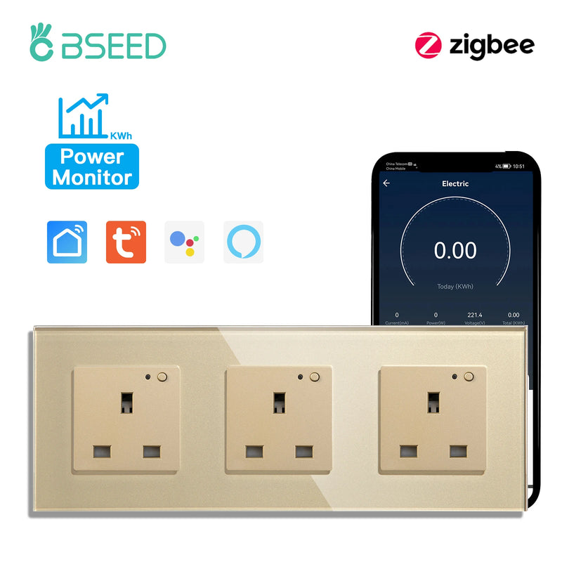 BSEED UK Standard Zigbee Power Monitor Socket Smart Double Electric Power Outlets Tuya Smart Iife Google Home Control 13A