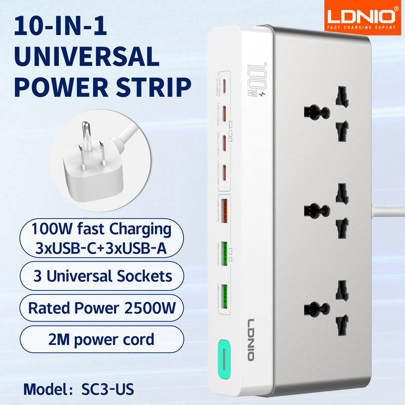 រន្ធដោតភ្លើងបន្ថែម LDNIO 13-in-1 2500W ស្ថានីយសាកថ្ម 65W បន្ទះសាកថ្ម USB រន្ធដោត AC ចំនួន 8 រន្ធដោត USB C ចំនួន 5 ខ្សែបន្ថែម USB-A ថ្មី