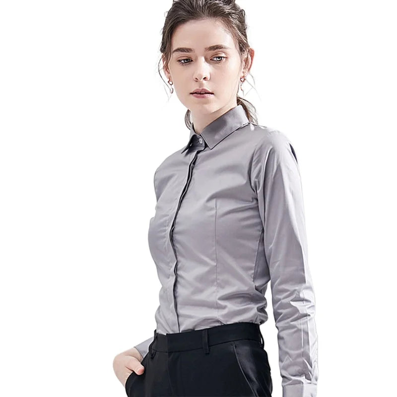 Women's White Collared Long-Sleeved Shirt, Solid Color Business/Office Non-Iron Wrinkle-Resistant Shirts. Black, Gray, Blue Tops
