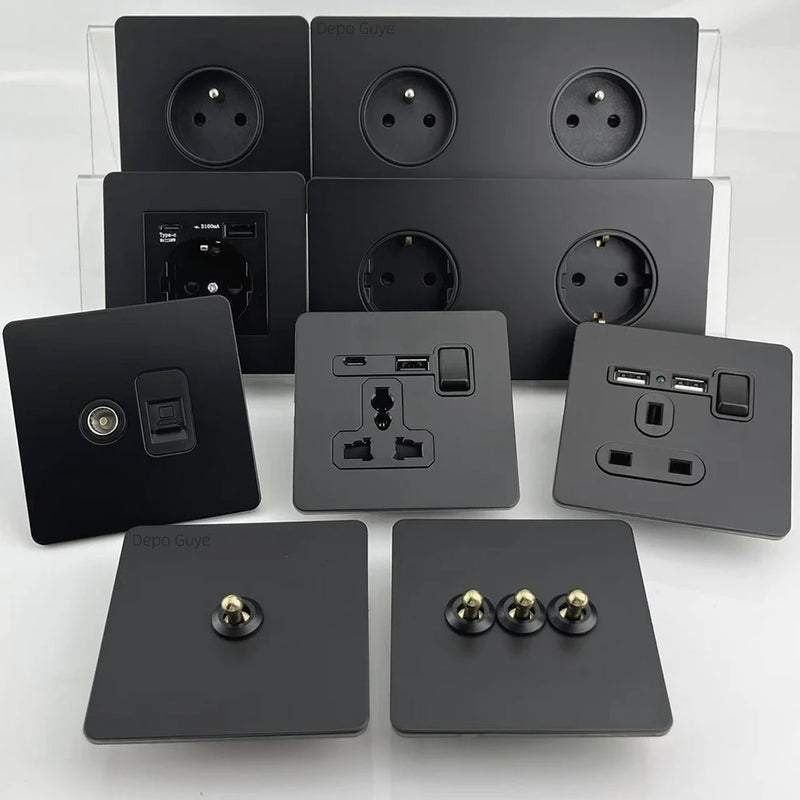 86 Type Retro Switch 1-4 Gang 2 Way Wall Light Brass Lever Toggle Switch Black Matte Stainless Steel Panel EU FR Power Outlet