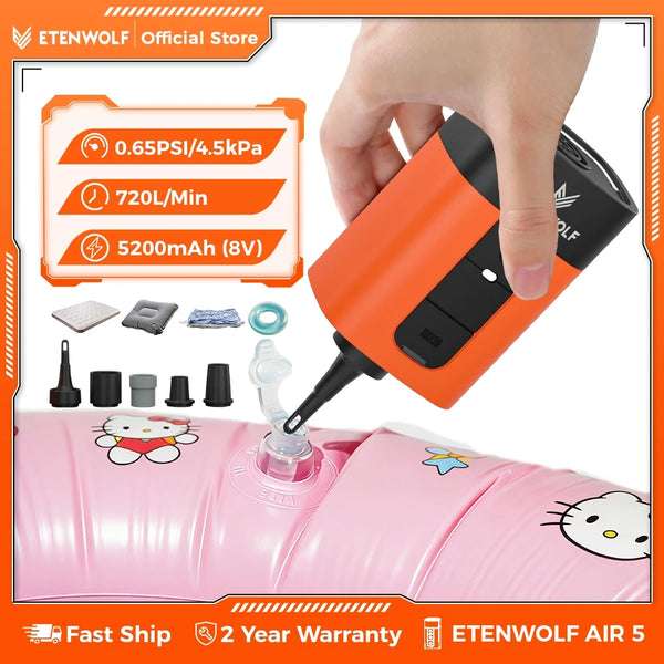 ETENWOLF AIR 5 ស្នប់ខ្យល់អគ្គិសនី 720 LPM ឧបករណ៍បំប៉ោង និងបញ្ចេញខ្យល់រហ័ស 5200 MAh ស្នប់ខ្យល់ចល័តសម្រាប់អណ្តែតទឹកក្នុងអាងហែលទឹក កាបូបផ្ទុកសុញ្ញកាស
