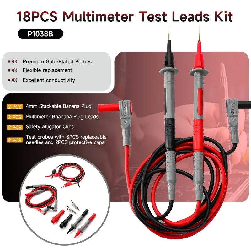 GEYA 18pcs Multimeter Test Leads Kit with Replaceable Needles Alligator Clips 4mm Banana Plug to Test Hook Clips Set