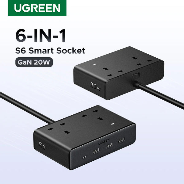 UGREEN 6 in 1 Power Strip UK Plug 2 AC 3 USB-A 1 USB-C 2990W 13A 250V Surge Protector PC Material with Indicator Light
