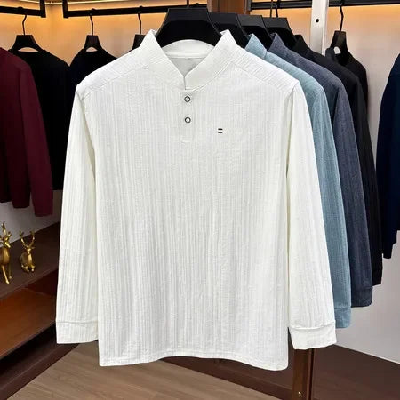 Mens Relaxed Mandarin Collar Shirt Long Sleeve Vertical Texture Embroidery Detail Casual Street Fashion Outer Top