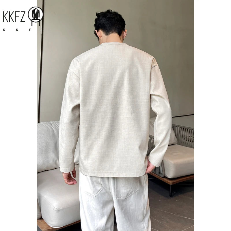 Autumn Leisure Long Sleeve Tee Men Henley Neck Three Button Front Loose Fit Textured Daily Basic Shirt