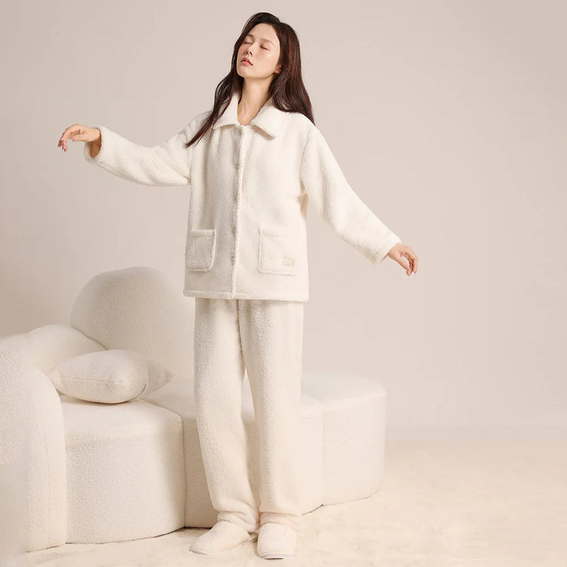ឈុតគេងរដូវរងារោមចៀម Coral Fleece ក្រាស់សម្រាប់ស្ត្រី ឈុតគេងនៅផ្ទះធម្មតាសម្រាប់ពាក់នៅខាងក្រៅ ឈុតគេងរលុង ឈុតគេងសម្រាប់រដូវរងា