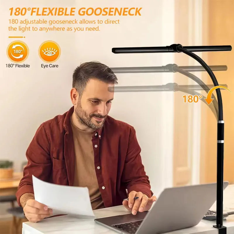 LED Desk Lamp Clamp Eye-Caring Clip on Lights for Home Office Long Flexible Goose-Neck Arm Architect Task Table Lamps with USB