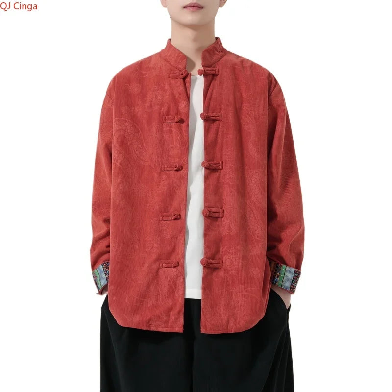 Retro-style Men's Black Long-sleeve Jacket with Chinese Dragon Motif, Single-breasted Stand-up Collar Coat.pink,Red,Apricot Top.