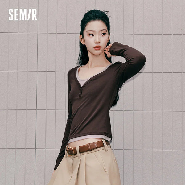 អាវយឺត Semir សម្រាប់នារី ដៃវែងខ្លី ករាងអក្សរ U ស្រោបដោយក្រណាត់ពីរជាន់ ស្ដើងតឹង ធម្មតា ស្លៀកប្រចាំថ្ងៃ រដូវស្លឹកឈើជ្រុះ ឆ្នាំ២០២៦