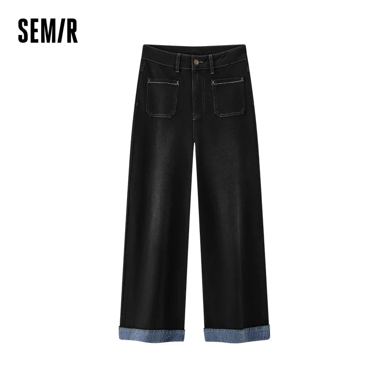 Semir Women Jeans Fleece Lined Panelled Design Stripe Pattern Loose Fit Wide Leg Cuffed Hem Full Length Solid Color 2026 Winter