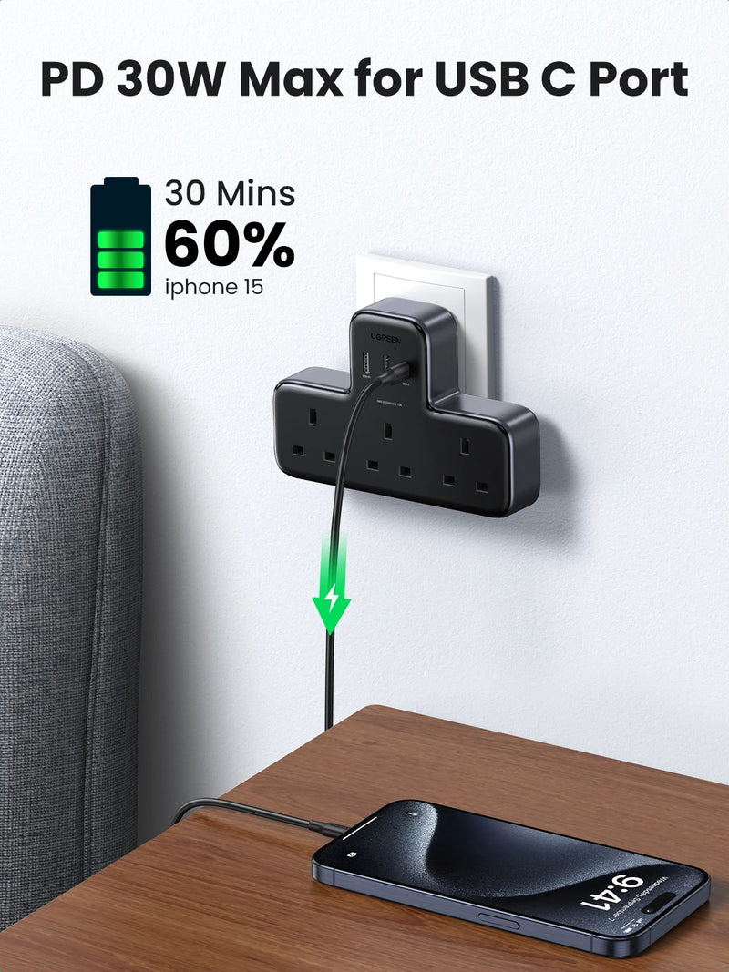 UGREEN UK Plug Power Strip Outlet Extension Adapter For iPhone 17 16 Pro Max Xiaomi Wall Fast Charger AD DC Travel Adapter