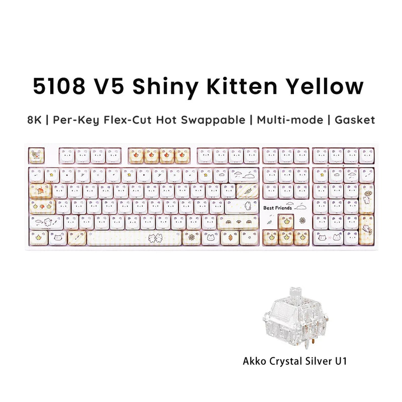 Akko 5108 V5 Mechanical Keyboard MAO Shiny Kitten Keycap 108-Key Full Size Per-Key Flex-Cut Hot Swap 8K RGB Tri-mode Keyboard