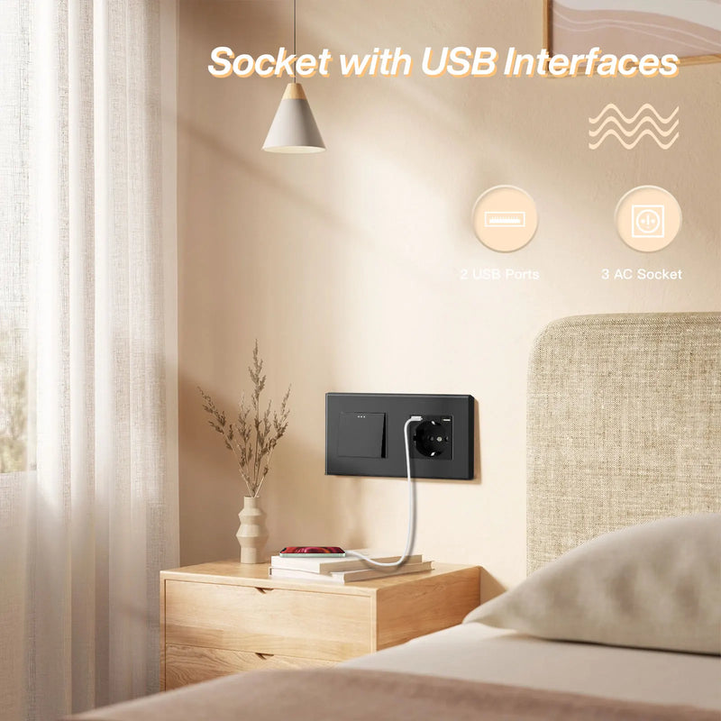 BSEED Mechanical Button Switch 1/2/3Gang 1Way Wall Power Socket USB Type-C Port Glass Frame Wall Switches Home Improvement