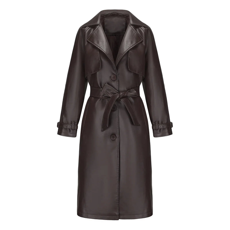 Women's Beige Loose Lace Up Long Leather Jacket,Black Single Breasted Lapel PU Coats,Brown Camel Available, European Size Tops