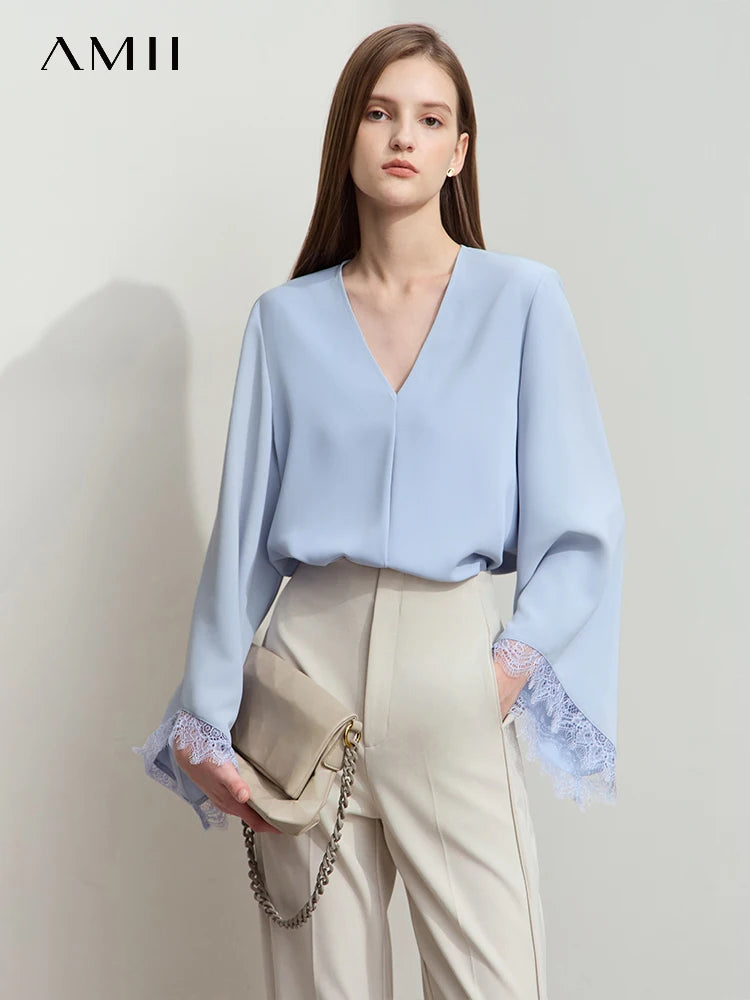 Amii Shirts for Women 2026 Fashion Long Sleeve V-neck Casual Loose Cuffs Lace Chiffon Blouses Ladies Elegant Shirts 12521015