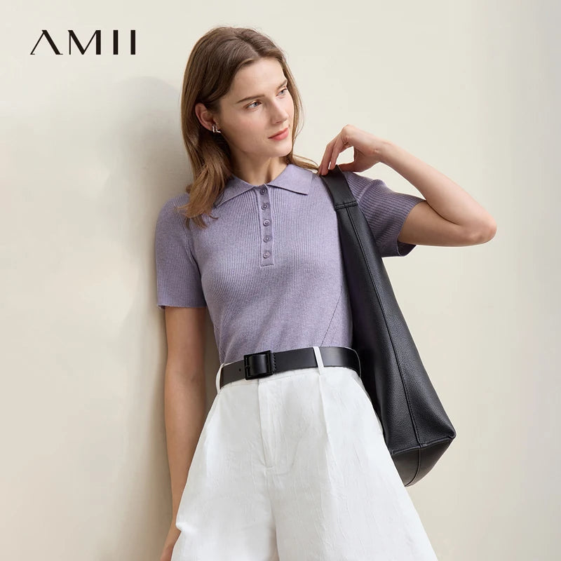 អាវយឺត Amii សម្រាប់នារី រដូវស្លឹកឈើជ្រុះ ឆ្នាំ២០២៦ អាវក្រោះកអាវ POLO ថ្មី ពាក់កណ្ដាលអាវ អាវប៉ាក់ដៃខ្លី 12651020