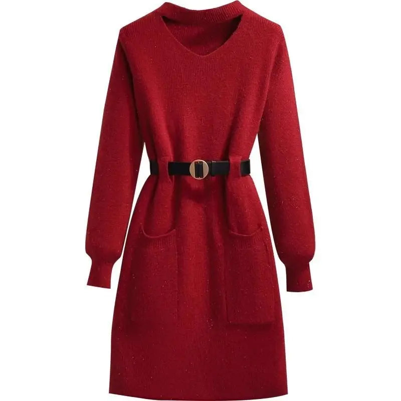Red Knitted Primer Dress for Women's Autumn Winter French Retro Slim Inner Medium Long Sweater Thicken Warm Pullover Dresses