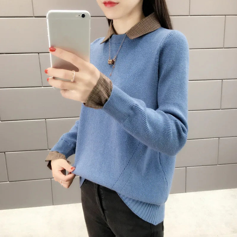 Fake Two Piece Women's Knitwear Top Fashionable Lapel Collar Shirt Bottom Sweater Autumn Winter Long Sleeve Pullovers Femme