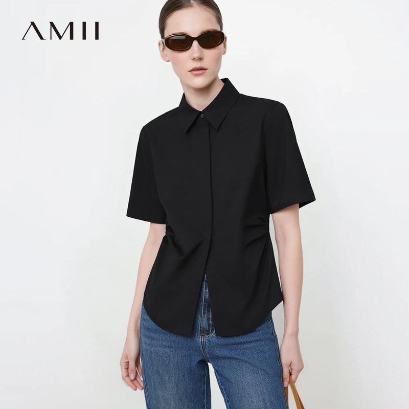 Amii Women's Shirt 2026 Summer New Lapel Collar Half Sleeve Cotton Blouse Fitted Waist Shirred Simple Solid Office Top 12622215