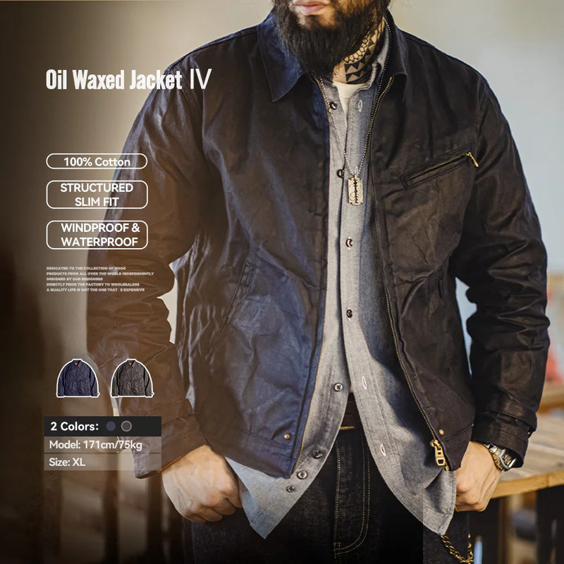 អាវក្រៅ Maden បុរស Vintage IV Oil Waxed Canvas Jacket Lapel Zipper Short Outerwear Classic Slim Fit for Men's Spring and Fall Jacket