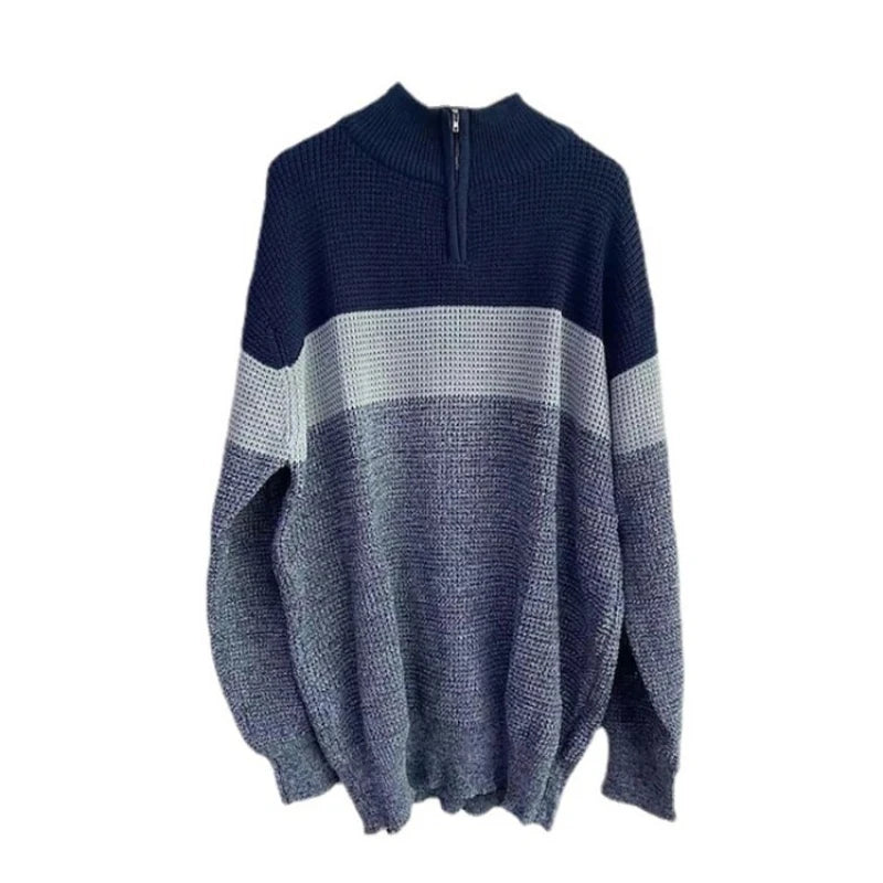 Men's Color Block Turn-Down Collar Knit Sweater - Gray (Yellow/Orange Red) M-2XL