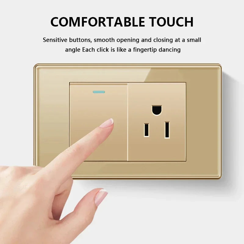 Depoguye US Mexico Wall Light Switch Socket 5V 2.1A USB Type-c Charger Plug,Golden Glass Panel American Standard Power Outlet