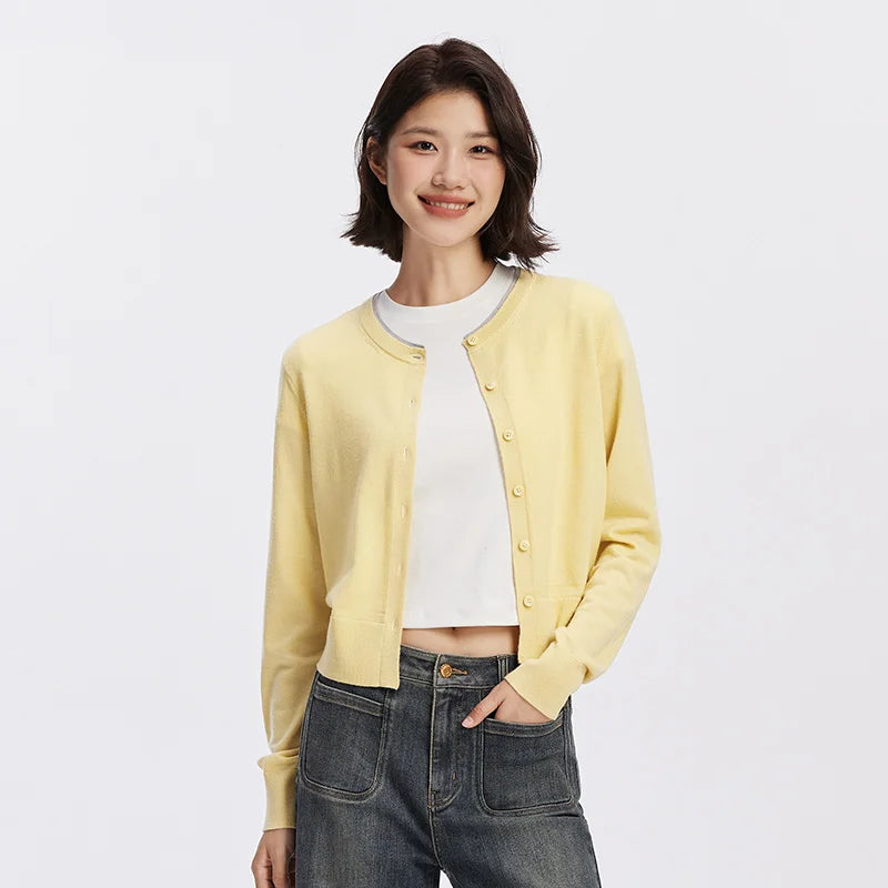 Semir Women Cardigan Short Contrast Crew Neck Faux Two Piece Wool Blend Soft Elegant Autumn Knitwear Daily Wear 2026