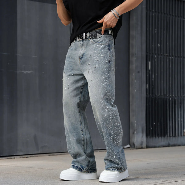 Luxury Men's Black Jeans with Diamond Embellishments, Made of Light Blue Denim Pants. 2027 Fashion Casual Trousers.