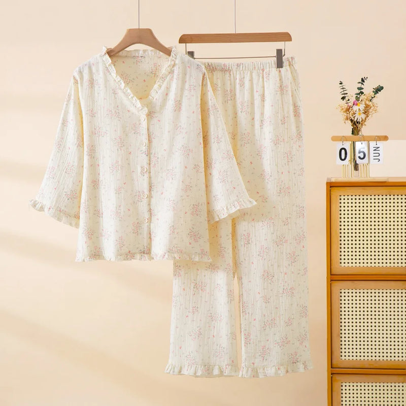 Floral Sleepwear 100% Cotton Women's Pajamas 2 Piece Sets V-neck Button Down Trousers Lounge Wear Spring Autumn Soft Nightwear