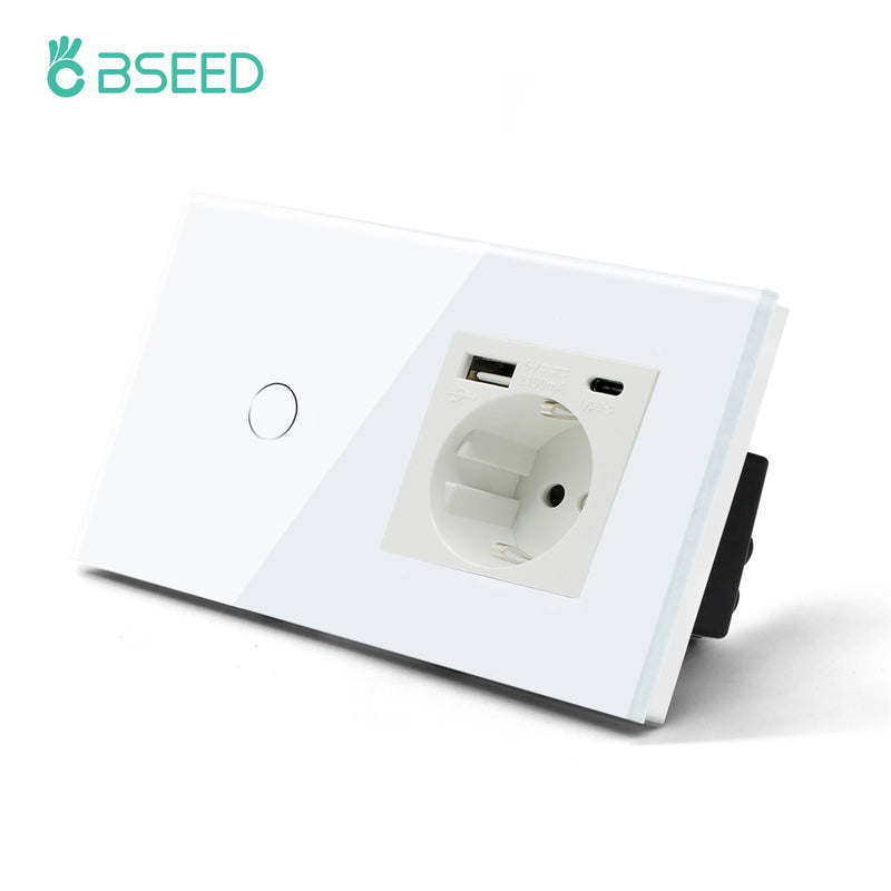 BSEED Single Power Outlet EU Wall Plugs Double Sockets USB Type-C Phone Charge Glass Panel 1Way Wall Touch Switch Kid Protection