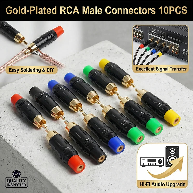 ឧបករណ៍ភ្ជាប់ RCA ប្រុសស្រោបមាស 10 ដុំ - ឌុយ Jack អូឌីយ៉ូភាពស្មោះត្រង់ខ្ពស់សម្រាប់ខ្សែឧបករណ៍បំពងសម្លេង DIY ឧបករណ៍ពង្រីកសំឡេង និងខ្សែភ្លើងប្រព័ន្ធ Hi-Fi