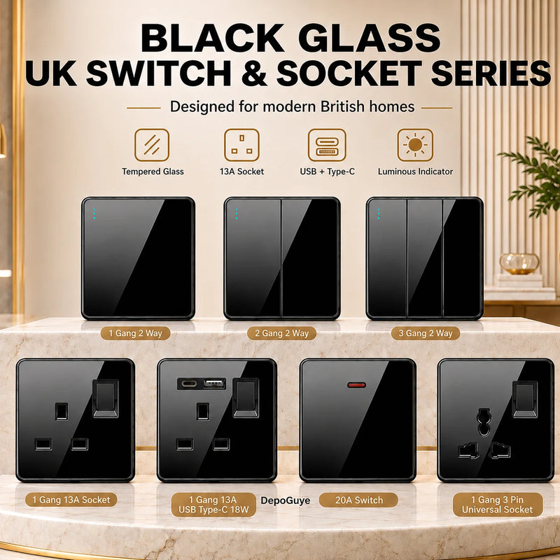 Luxury All Tempered Glass Wall Light Switch Button Black UK Plug 13A Universal Wall Socket with Usb ,220V1gang2way Speed Switch