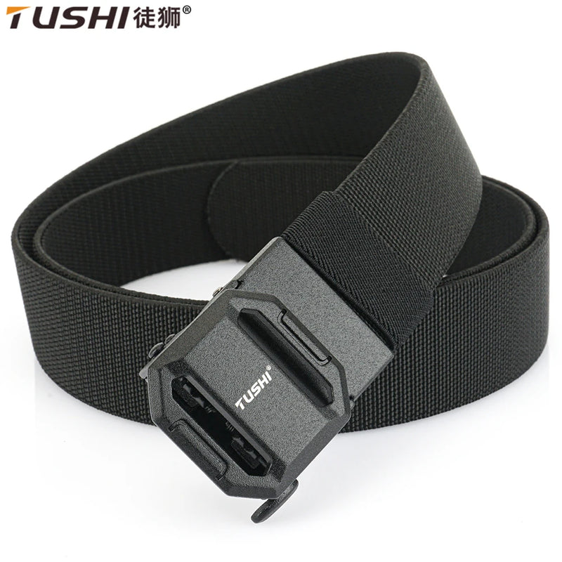 TUSHI New 3.8CM Golf Sports Elastic Belt Tactical Belt Metal Automatic Buckle Tough Stretch Nylon Men Military Belt 120CM-150CM