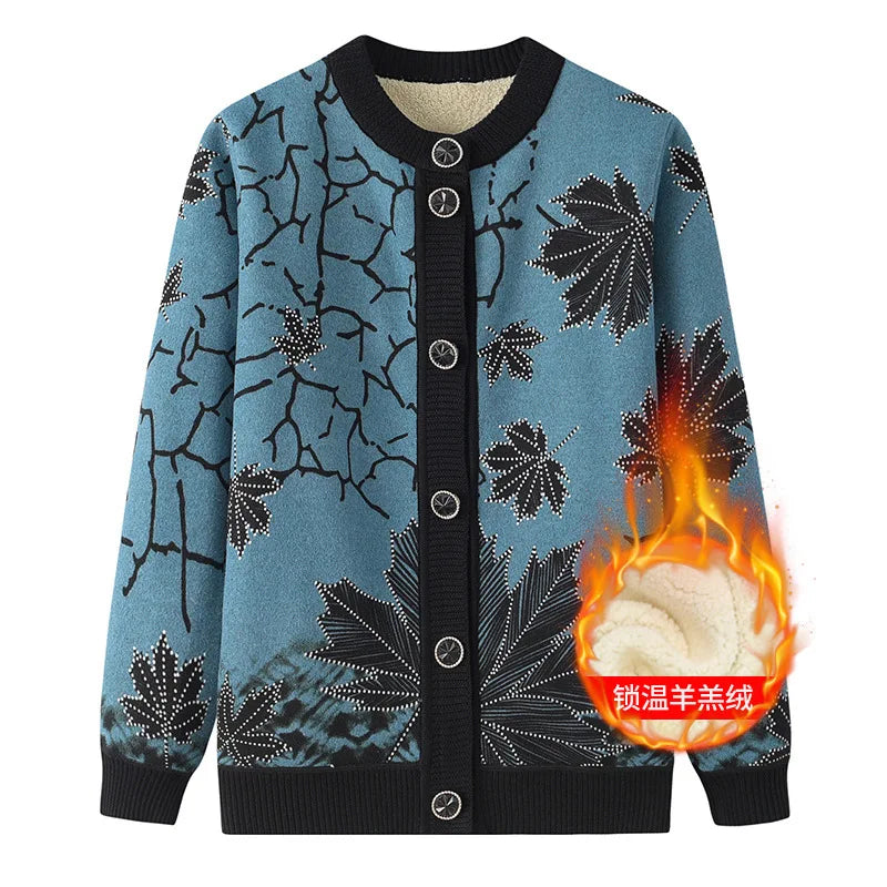 Sweater Women New Thicken Velvet Winter Cardigan Coat Printing Middle Aged Mother Knitting Jacket Grandma Warm Cardigans XL-4XL