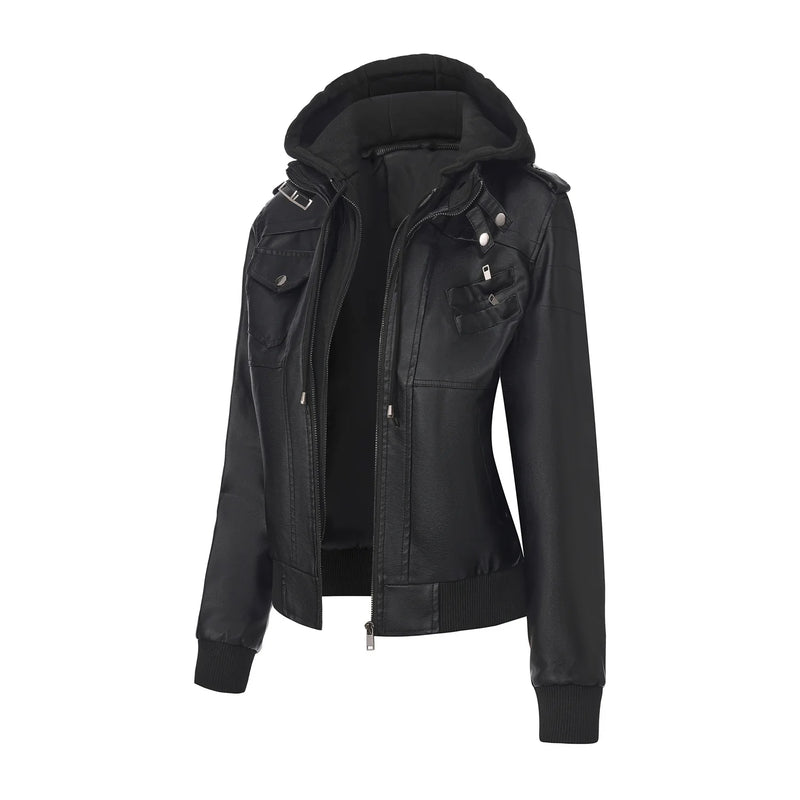 2027 New Women's Long-Sleeve Hooded Faux Leather Jacket—a Lightweight, Slim-fit PU Biker Coat for Spring/Fall.Black,Brown,Khaki.