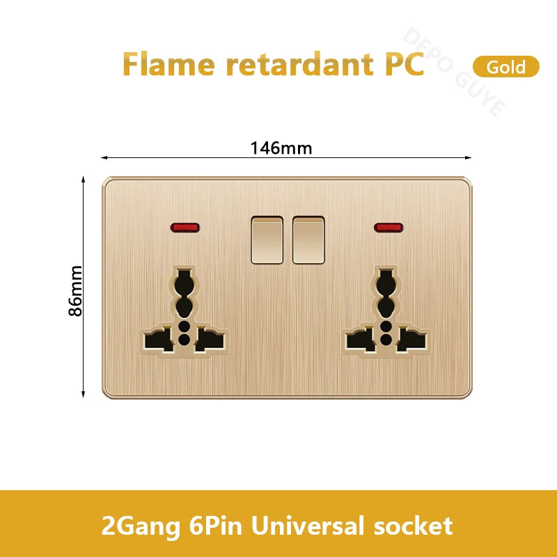 Gold Universal 3/5Pin Plastic Power Socket,UK Wall Outlet With 2.1A Dual USB Port,220V Electrical 2way Switch TV Computer CAT6