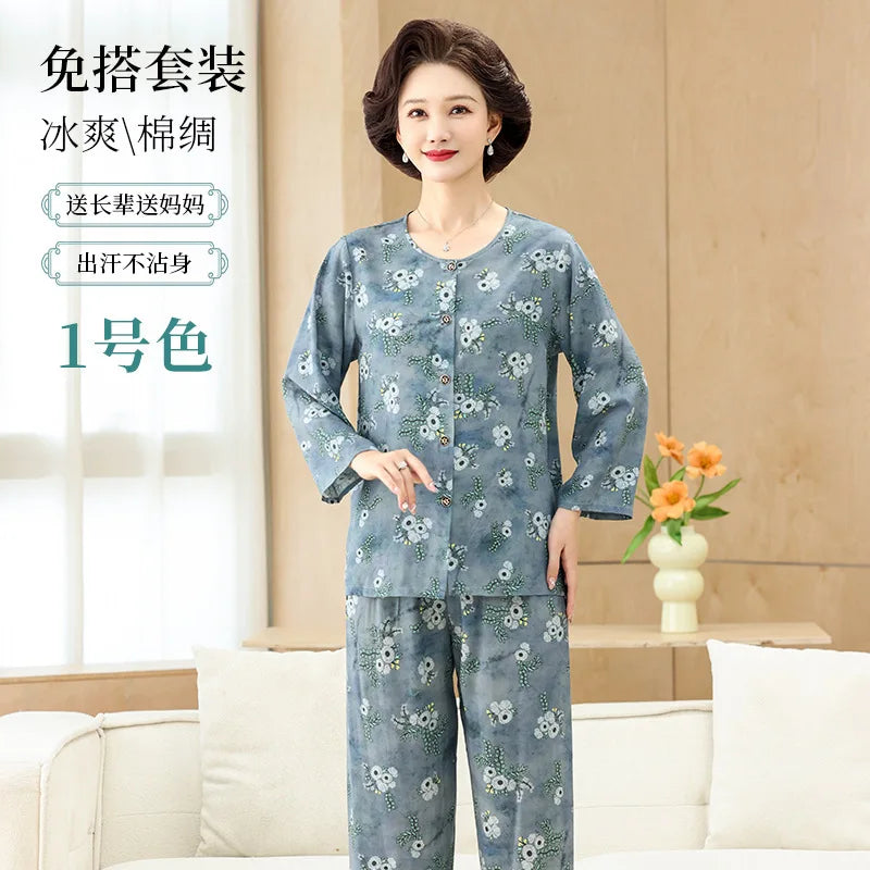 Middle-aged XL-4XL LARGE Home Wear Nightwear for Women Pajamas Floral Spring New Long Sleeve Pyjamas Set Woman Night Clothes
