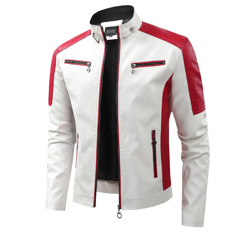 Autumn Men's Stand Collar Color-Block PU Jacket, Black Faux Leather Jackets, Spring Casual Coat. Asian Size Loose Fit Top.