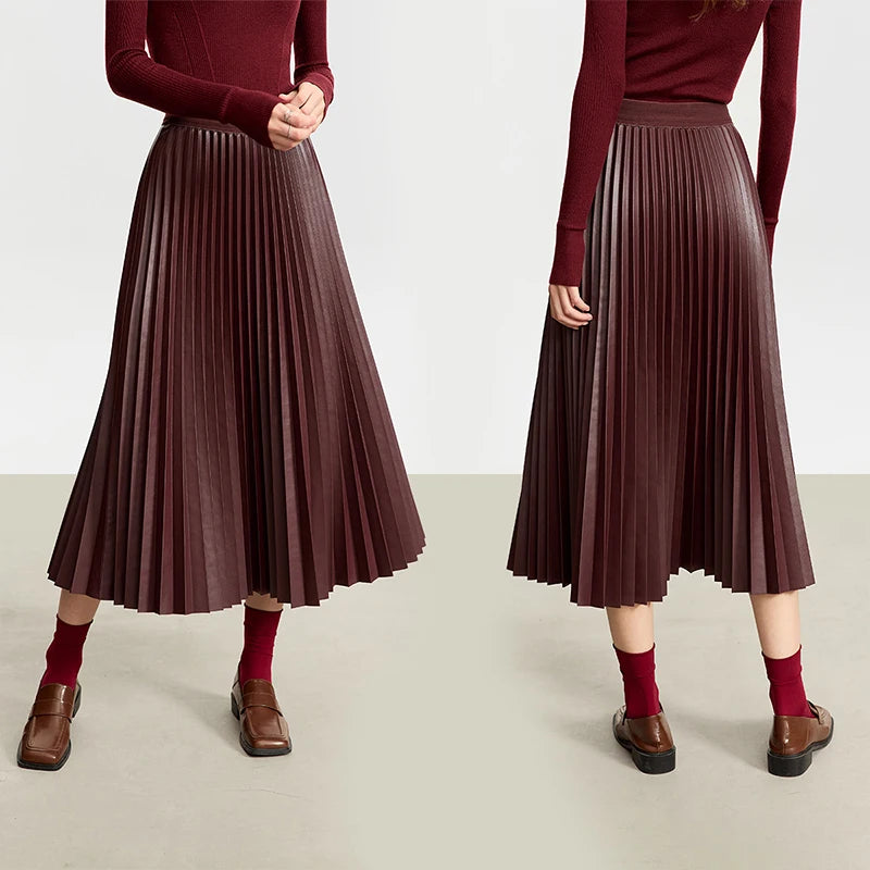 AMII សំពត់នារីទាន់សម័យបែប Minimalist Retro ឆ្នាំ ២០២៤ រដូវរងាថ្មី A-line pleated PU Simple Office Lady Leather Skirt ស្រី 12323021